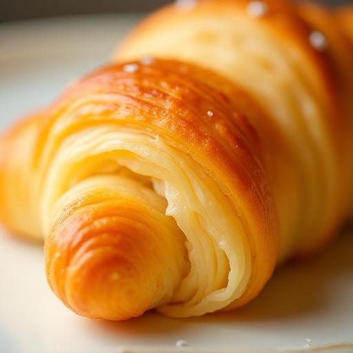 Et detaljert nærbilde av en gyllen, flaket croissant, nylig bakt og klar til å nytes.