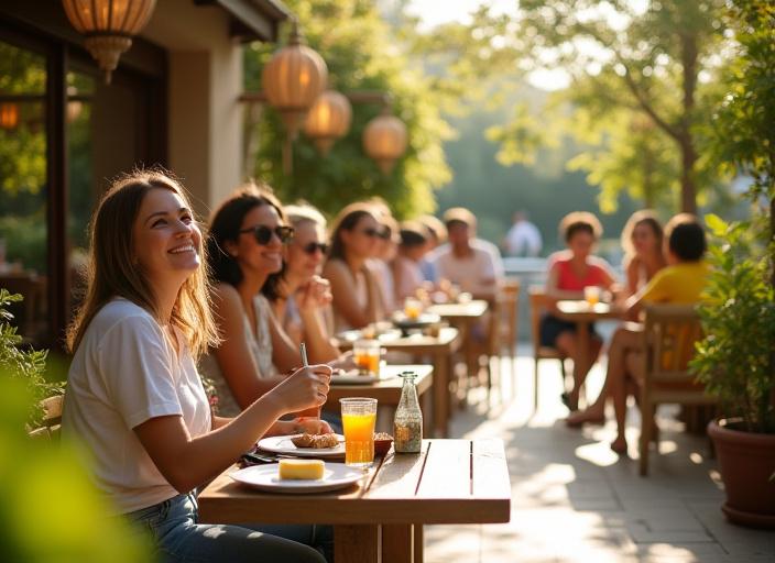 Gjester som nyter solen ved den hyggelige uteserveringen til Oase Smak, omgitt av grønne planter.